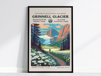 Grinnell Glacier, Glacier National Park Poster | Hiker Gift | Backcountry Trail Wall Art — framed wall art, 24x36 in