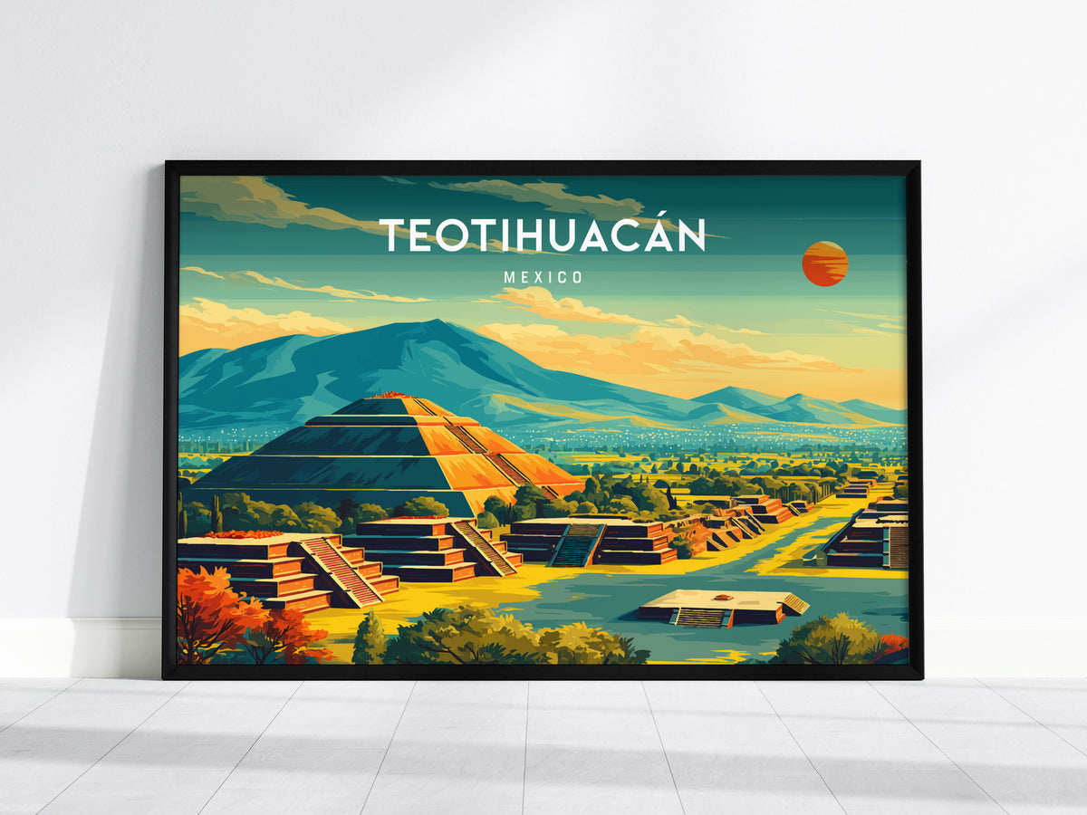 Teotihuacán, Mexico Landscape Poster | Sun & Moon Pyramids Vacation Wall Art — framed wall art, 24x36 in