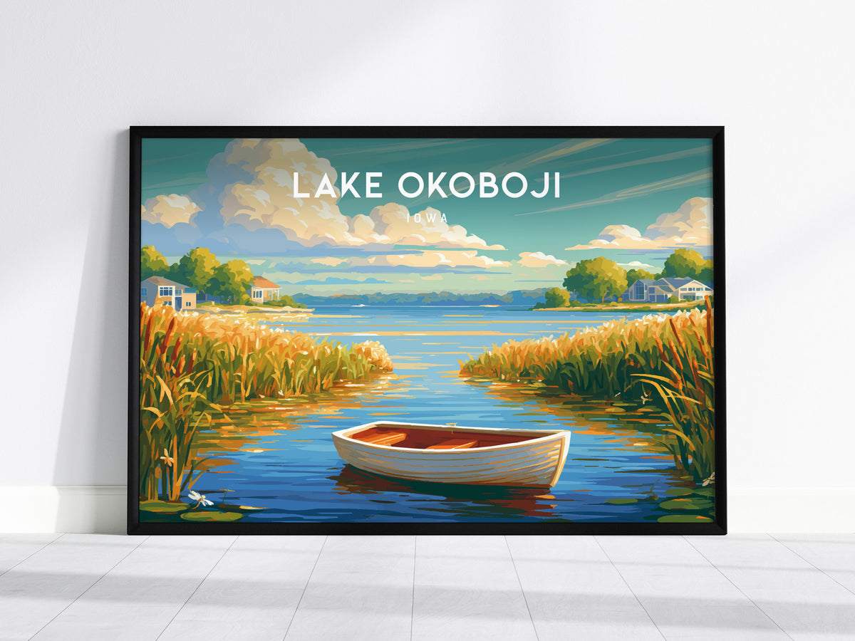 Lake Okoboji, Iowa Landscape Poster | Great Lakes Vacation Wall Art — framed wall art, 24x36 in