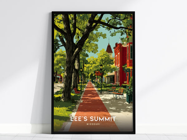 Framed poster depicting Lees Summit, Missouri features a vibrant illustration of a tree-lined brick walkway flanked by historic red brick buildings and classic streetlamps. The scene captures the charm of a small-town downtown area.