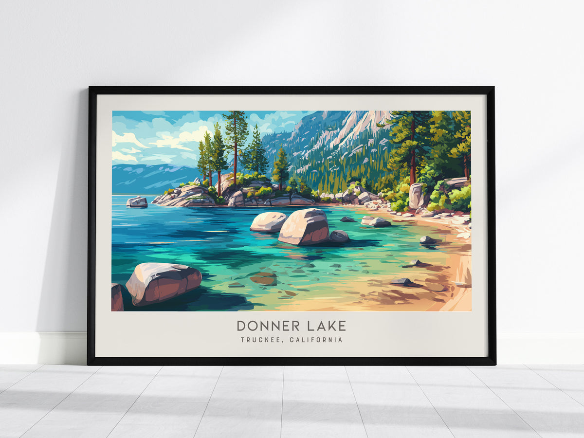 Donner Lake Landscape Matte Border Poster | Truckee, California Framed or Unframed Travel Gift — framed wall art, 24x36 in