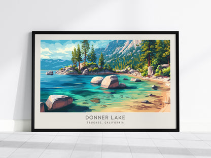 Donner Lake Landscape Matte Border Poster | Truckee, California Framed or Unframed Travel Gift — framed wall art, 24x36 in
