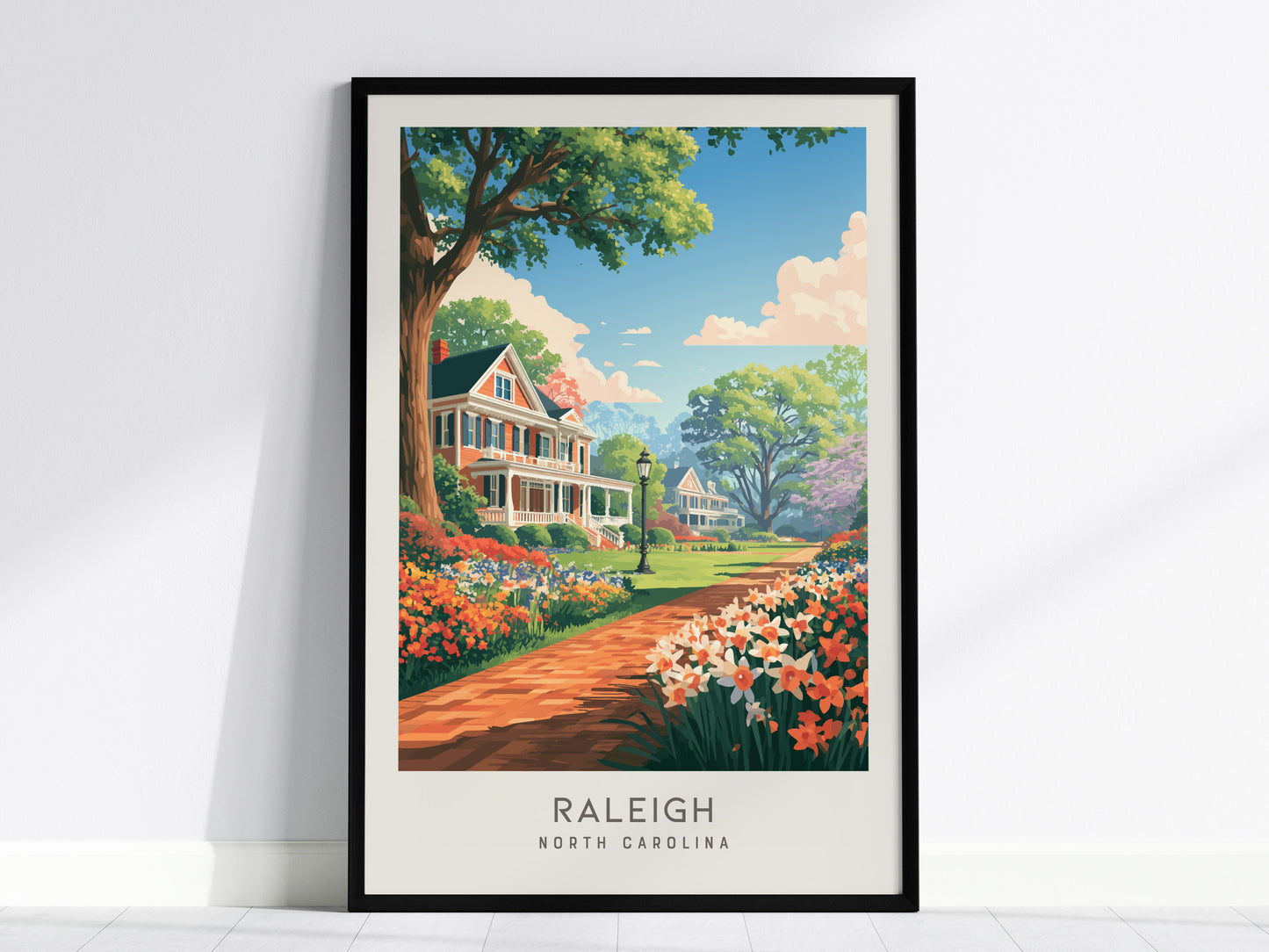 Raleigh Matte Border Poster | North Carolina Oak City Vacation Wall Art — framed wall art, 24x36 in