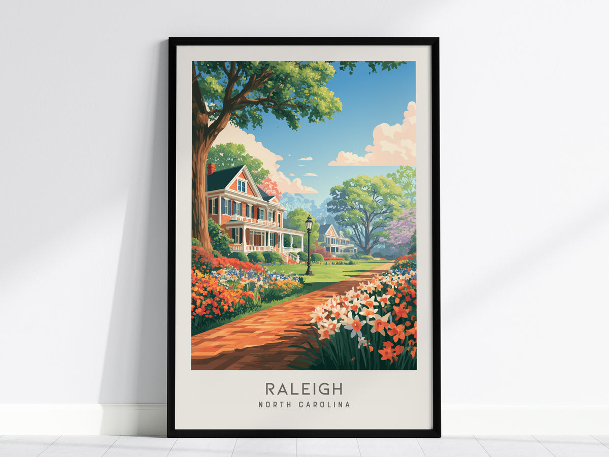 Raleigh Matte Border Poster | North Carolina Oak City Vacation Wall Art — framed wall art, 24x36 in