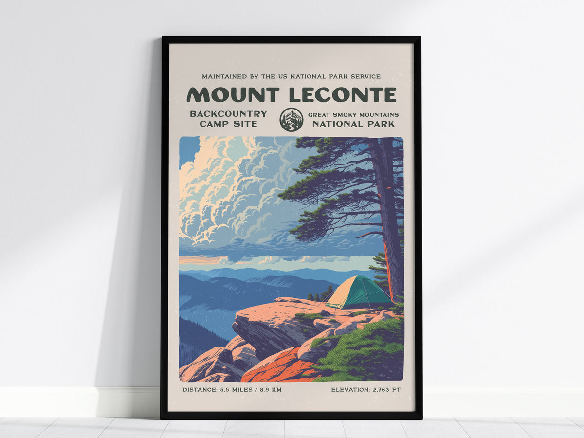 Mount LeConte, Great Smoky Mountains National Park Poster | Hiker Gift | Backcountry Trail Wall Art — framed wall art, 24x36