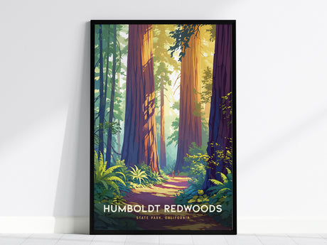 A vibrant poster depicting towering redwood trees and a sunlit forest path, surrounded by lush green ferns. The text Humboldt Redwoods State Park, California is displayed at the bottom.