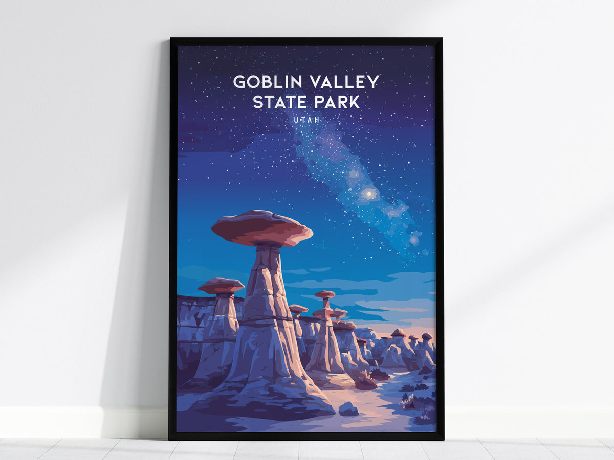 Goblin Valley State Park, Utah Poster | Desert Adventure Framed or Unframed Wall Art — framed wall art, 24x36 in