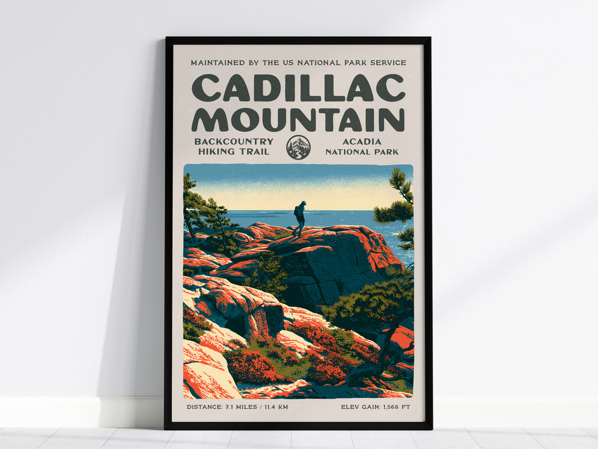 Cadillac Mountain, Acadia National Park Poster | Hiker Gift | Backcountry Trail Block Print Wall Art — framed wall art, 24x36