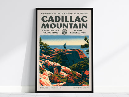 Cadillac Mountain, Acadia National Park Poster | Hiker Gift | Backcountry Trail Block Print Wall Art — framed wall art, 24x36