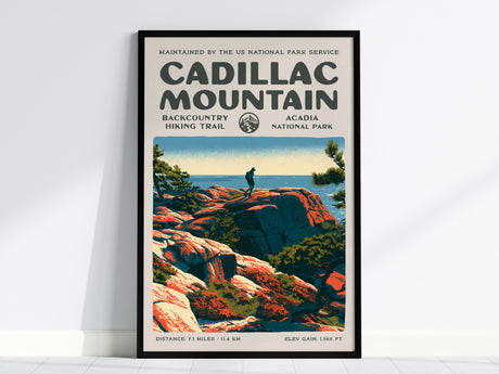 Cadillac Mountain, Acadia National Park Poster | Hiker Gift | Backcountry Trail Block Print Wall Art — framed wall art, 24x36