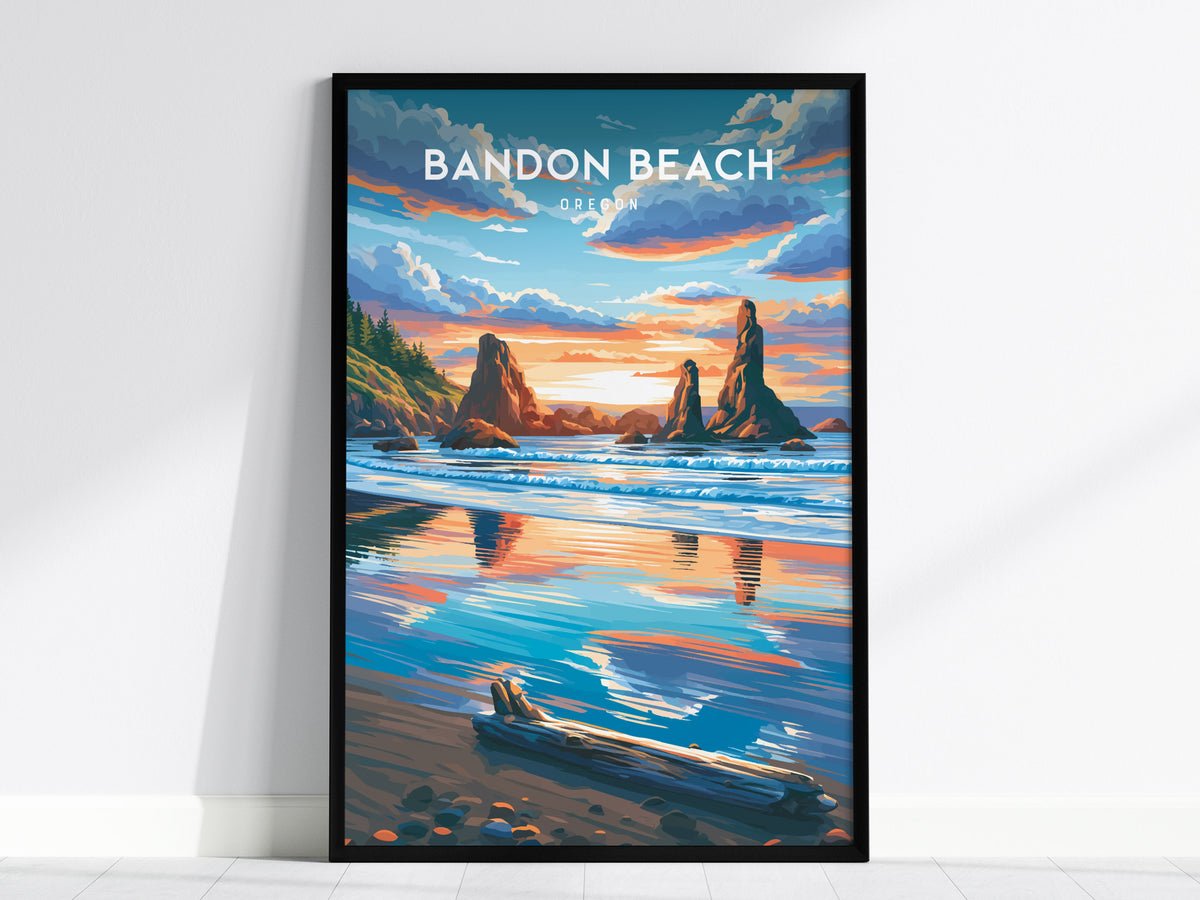 Bandon Beach, Oregon Poster | Sea Stacks & Sunset Travel Wall Art — framed wall art, 24x36 in