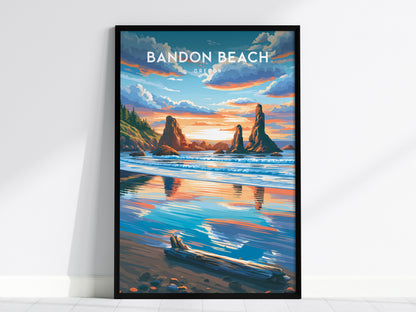 Bandon Beach, Oregon Poster | Sea Stacks & Sunset Travel Wall Art — framed wall art, 24x36 in