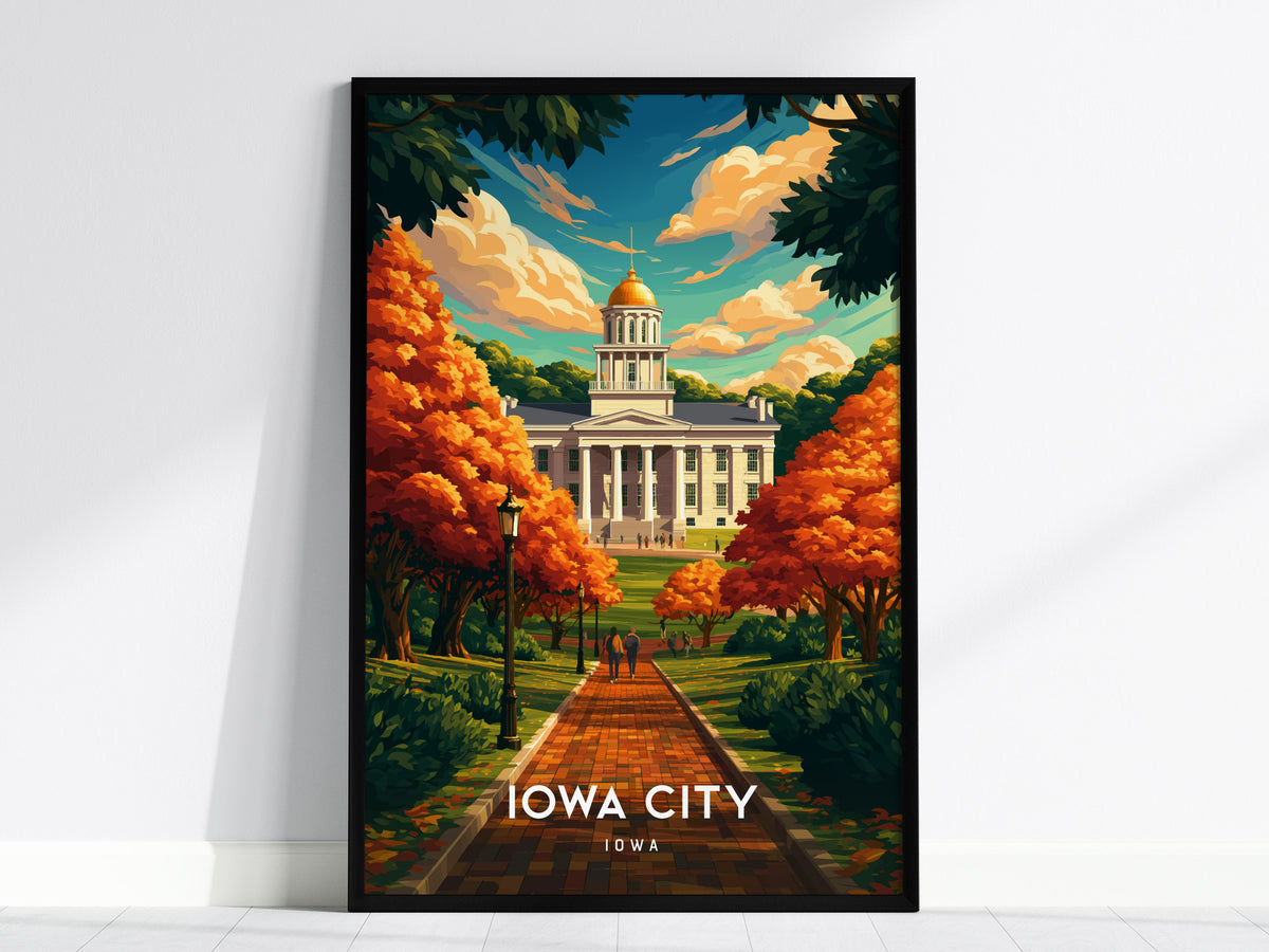 Iowa City, Iowa Poster | Heartland Campus & River Charm Travel Wall Art — framed wall art, 24x36 in