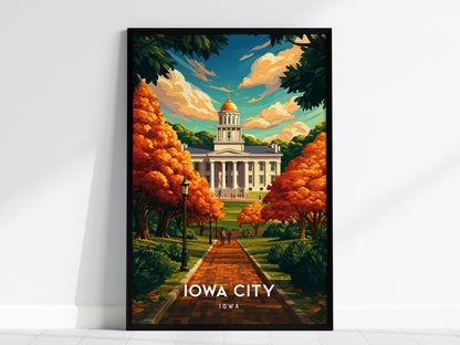 Iowa City, Iowa Poster | Heartland Campus & River Charm Travel Wall Art — framed wall art, 24x36 in
