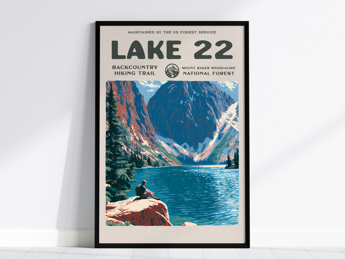 Lake 22, Mount Baker-Snoqualmie National Forest Poster | Hiker Gift | Backcountry Trail Wall Art — framed wall art, 24x36 in