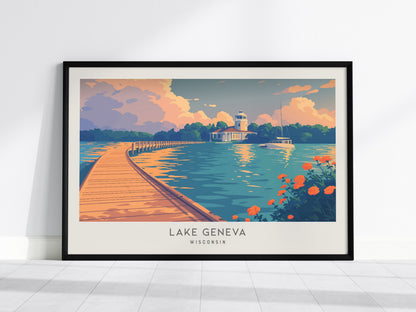 Lake Geneva Landscape Matte Border Poster | Wisconsin Vacation Wall Art — framed wall art, 24x36 in