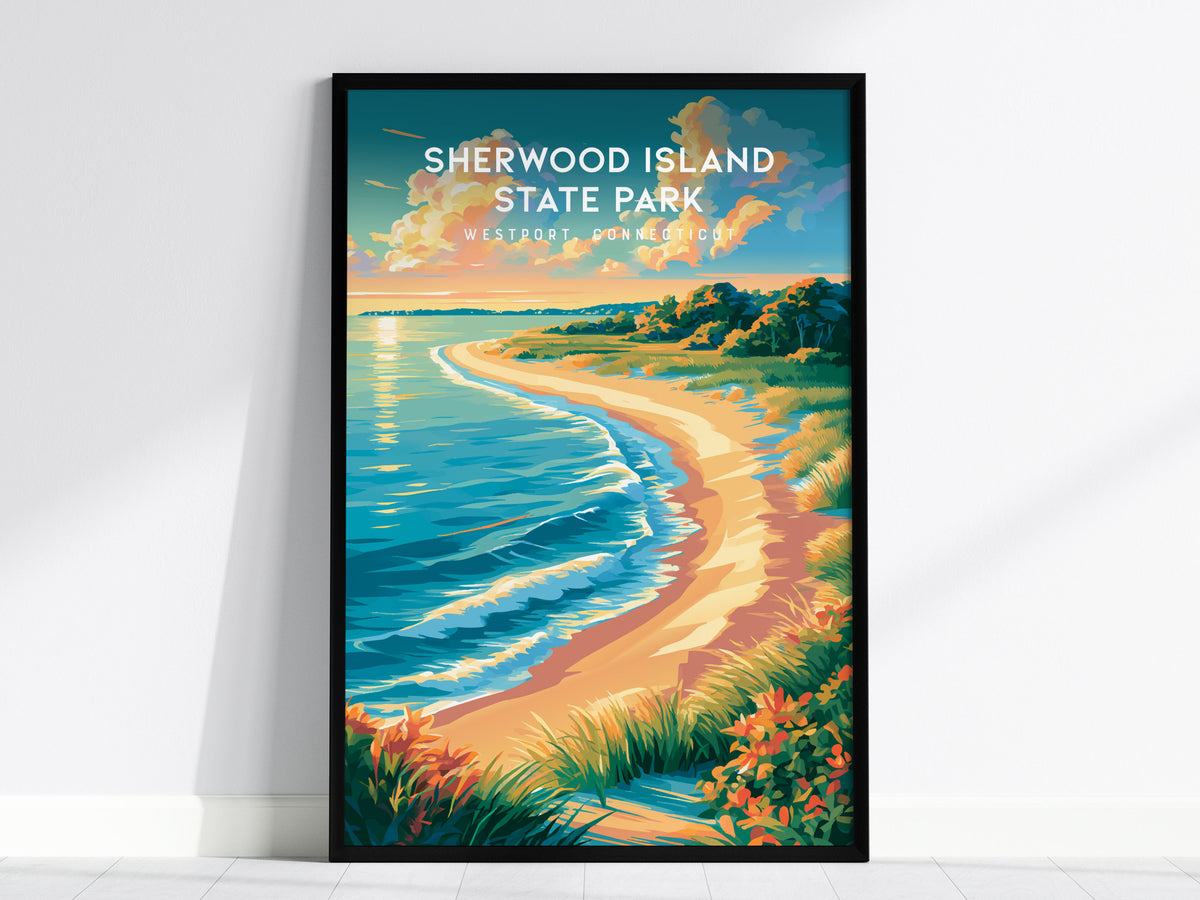 Sherwood Island State Park, Westport, Connecticut Poster | Seaside Travel Gift Wall Art — framed wall art, 24x36 in