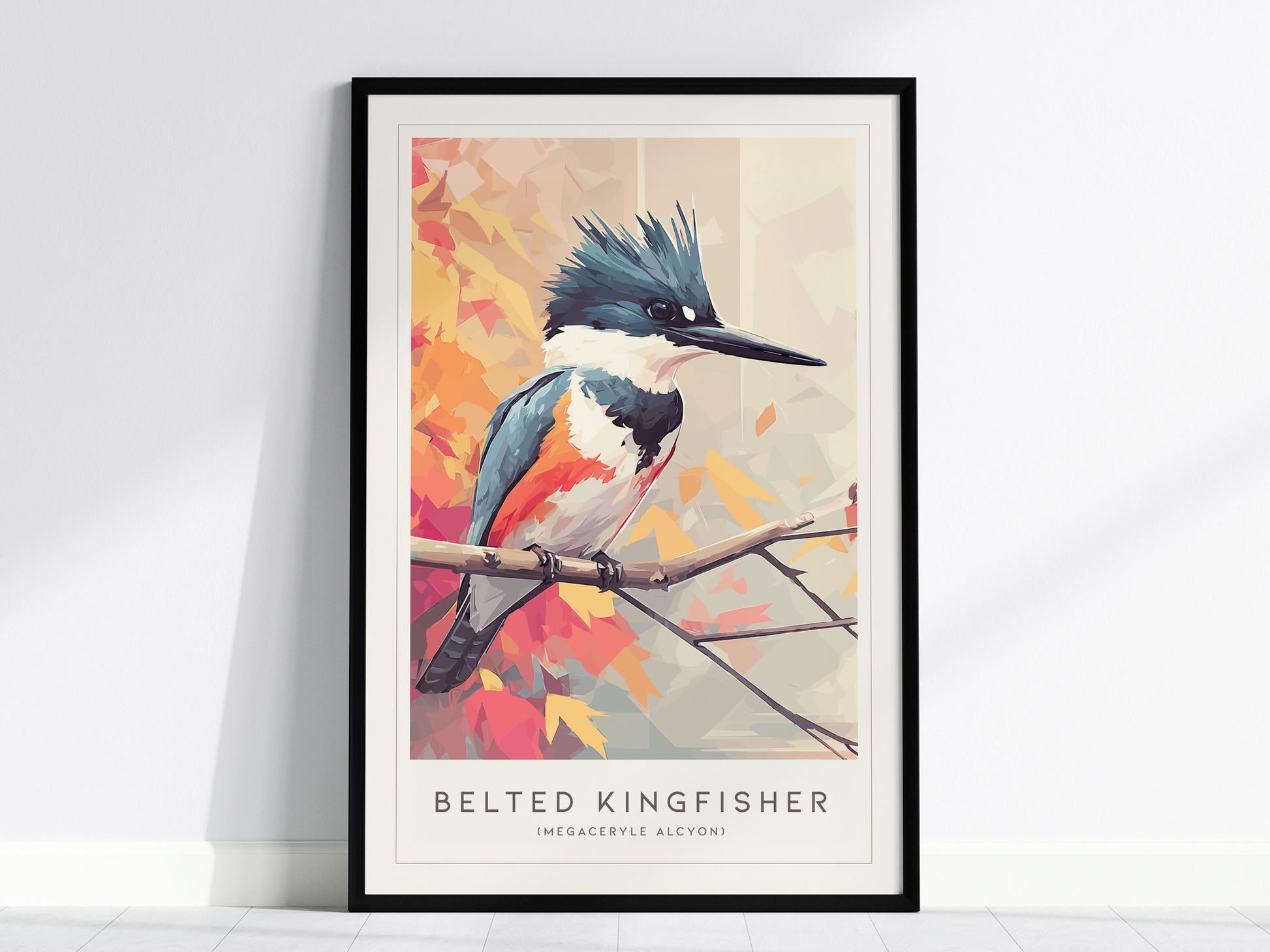 Belted Kingfisher art print in modern geometric style, featuring vibrant blues, oranges, and warm autumn hues, perfect for wildlife art lovers.