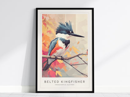 Belted Kingfisher art print in modern geometric style, featuring vibrant blues, oranges, and warm autumn hues, perfect for wildlife art lovers.