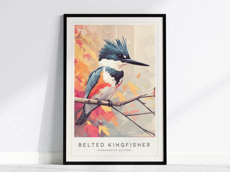 Belted Kingfisher art print in modern geometric style, featuring vibrant blues, oranges, and warm autumn hues, perfect for wildlife art lovers.