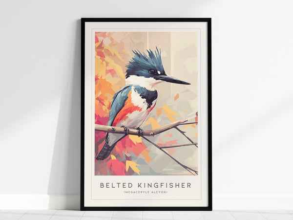 Belted Kingfisher art print in modern geometric style, featuring vibrant blues, oranges, and warm autumn hues, perfect for wildlife art lovers.
