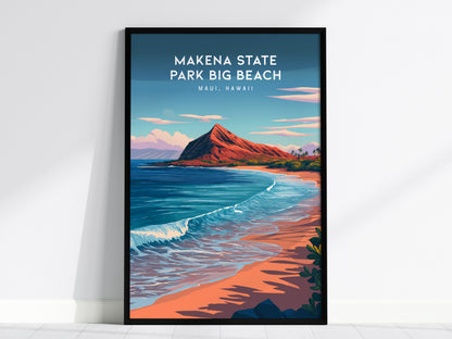 Makena State Park Big Beach, Maui, Hawaii Poster | Tropical Beach Print Wall Art — framed wall art, 24x36 in