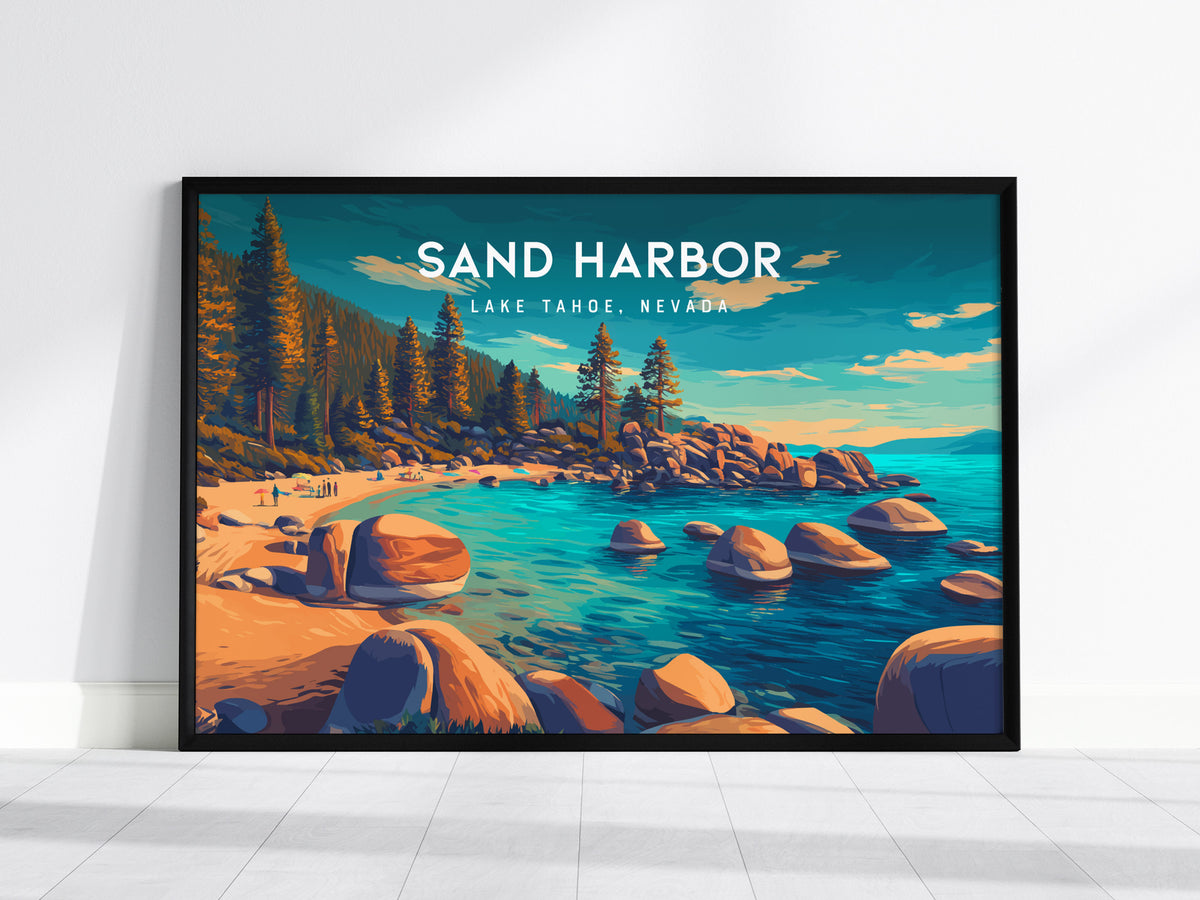 Sand Harbor Landscape Poster | Lake Tahoe, Nevada Travel Gift Destination Print — framed wall art, 24x36 in
