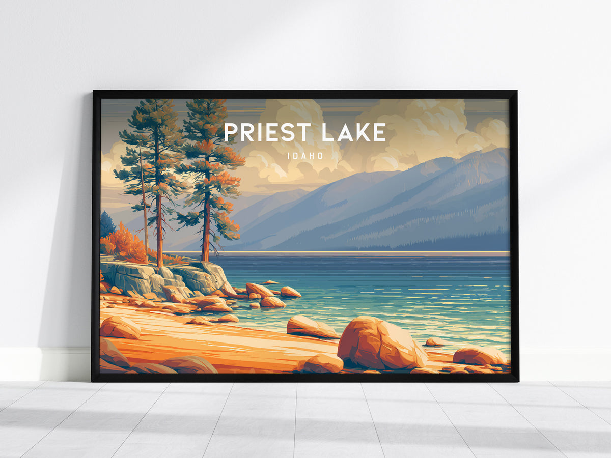 Priest Lake, Idaho Landscape Poster | Wilderness Lake Vacation Wall Art — framed wall art, 24x36 in