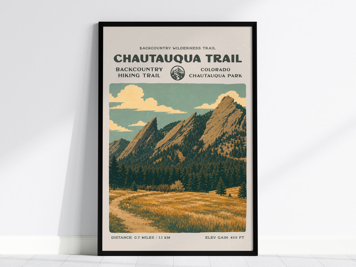 Chautauqua Trail, Boulder Poster | Hiker Gift | Flatirons Backcountry Block Print Wall Art — framed wall art, 24x36 in