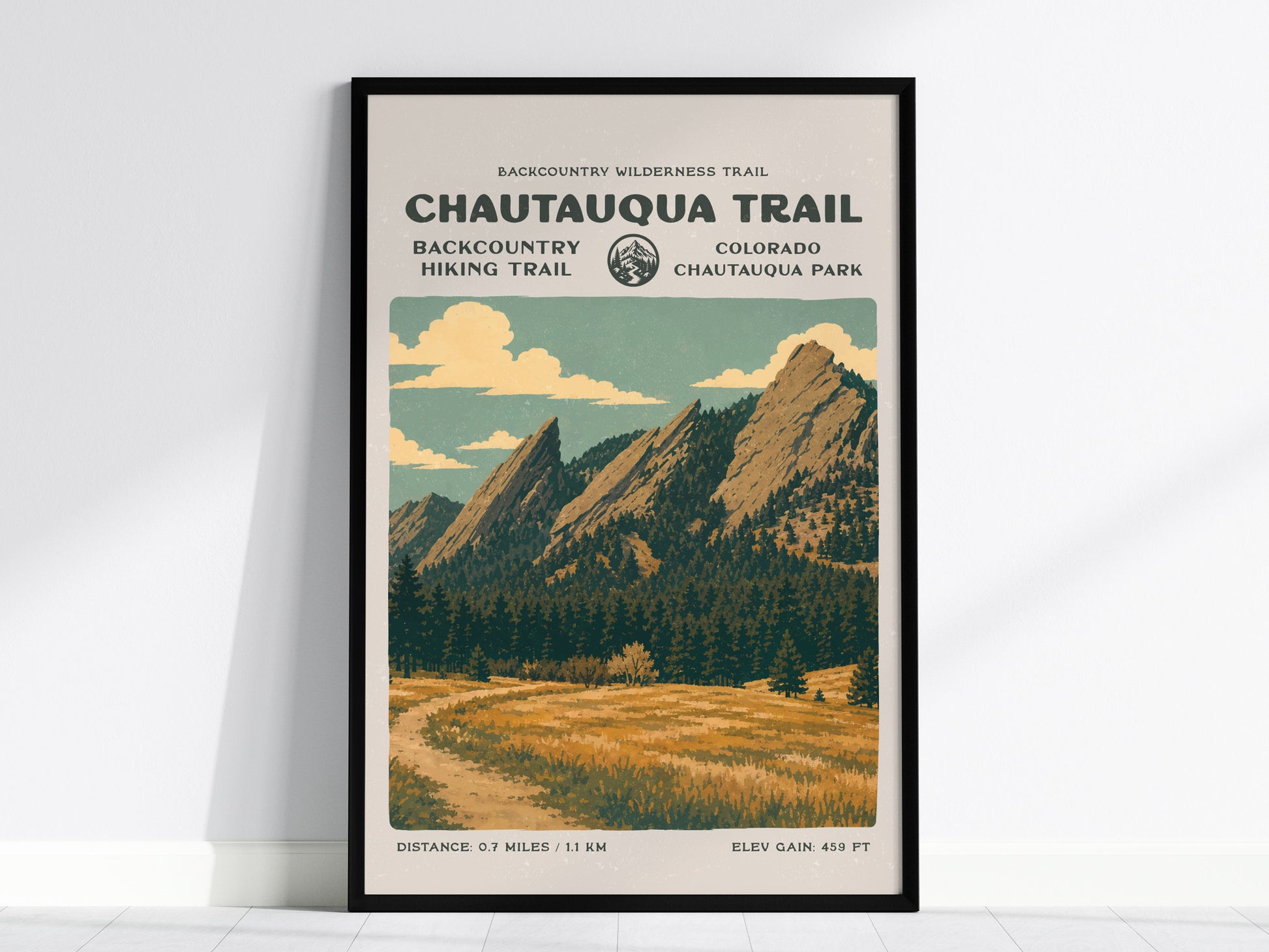 Chautauqua Trail, Boulder Poster | Hiker Gift | Flatirons Backcountry Block Print Wall Art — framed wall art, 24x36 in