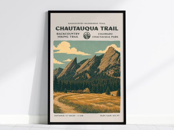 Chautauqua Trail, Boulder Poster | Hiker Gift | Flatirons Backcountry Block Print Wall Art — framed wall art, 24x36 in