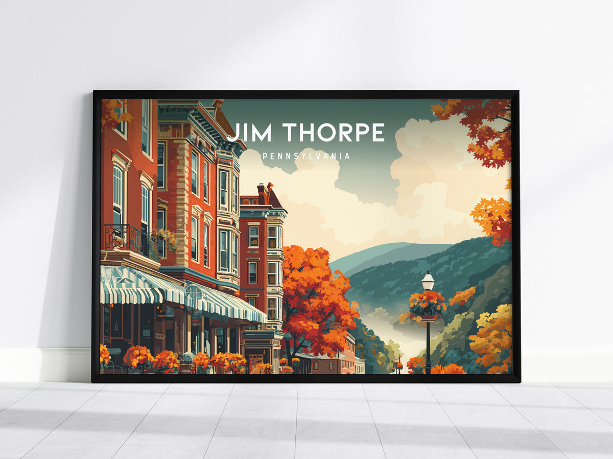 Jim Thorpe, Pennsylvania Landscape Poster | Scenic River Valley Getaway Vacation Wall Art — framed wall art, 24x36 in