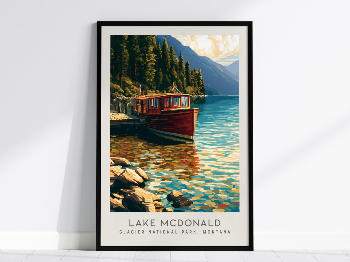 Lake McDonald Matte Border Poster | Glacier National Park, Montana Vacation Wall Art — framed wall art, 24x36 in
