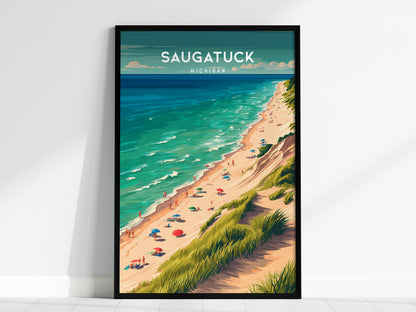 Saugatuck, Michigan Poster | Lakeside Dunes & Harbor Village Wall Art — framed wall art, 24x36 in