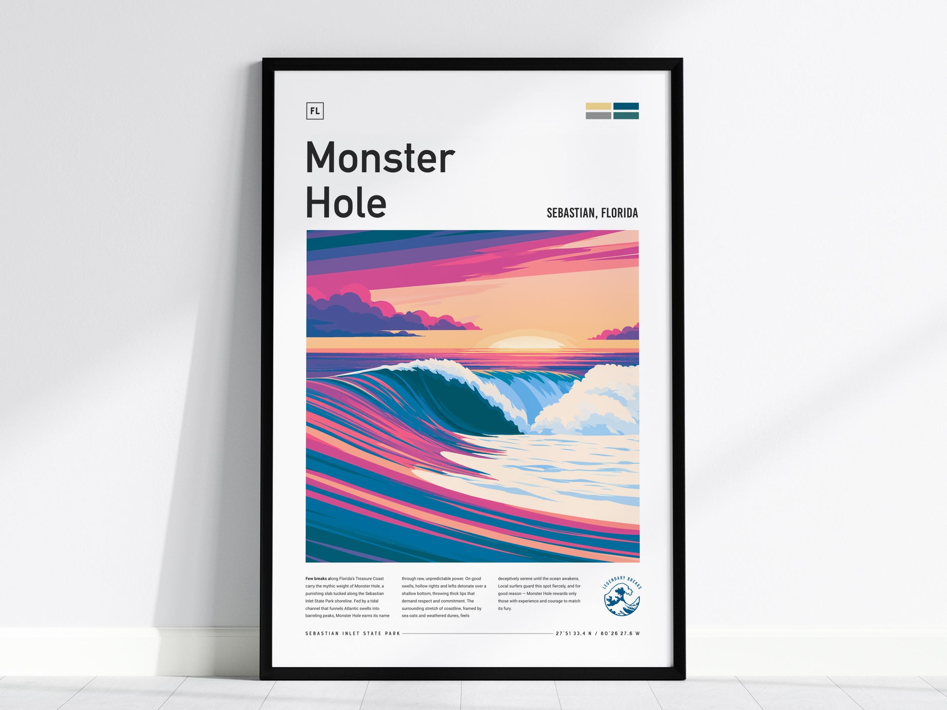 Monster Hole, Florida Poster | Barrel Wave & Tropical Surf Wall Art — framed wall art, 24x36 in