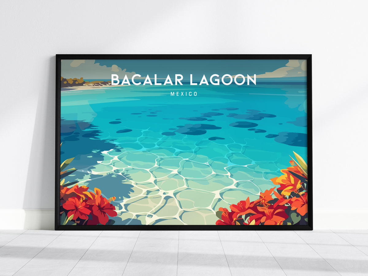 Bacalar Lagoon Landscape Poster | Mexico Vacation Wall Art Destination Print — framed wall art, 24x36 in