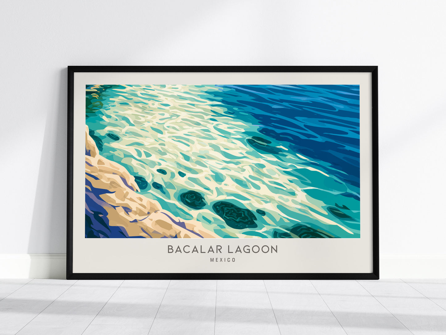 Bacalar Lagoon Landscape Matte Border Poster | Mexico Coastal Beach Decor Travel Wall Art — framed wall art, 24x36 in