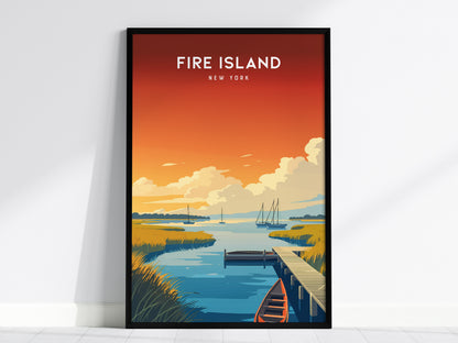 Fire Island, New York Poster | Dunes & Lighthouse Seaside Wall Art — framed wall art, 24x36 in
