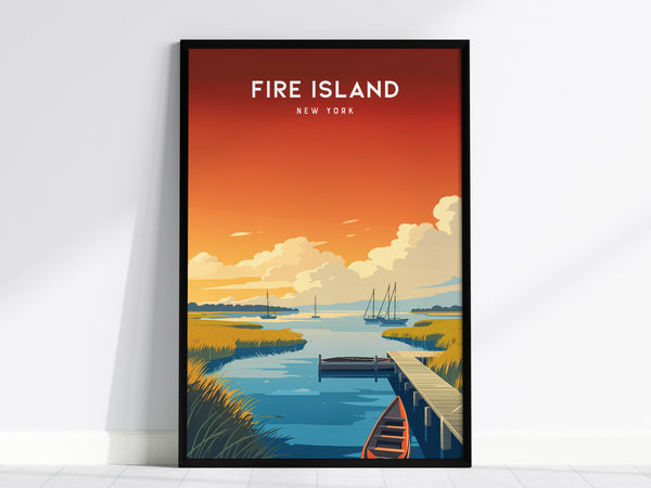 Fire Island, New York Poster | Dunes & Lighthouse Seaside Wall Art — framed wall art, 24x36 in