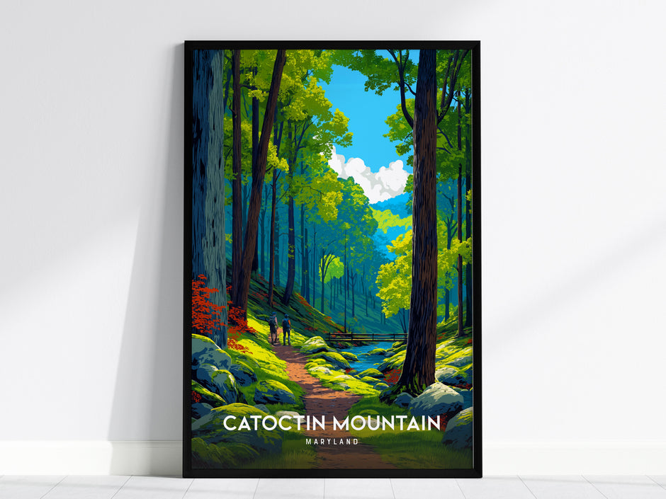 Lush forest path art print featuring Catoctin Mountain, Maryland, with vibrant greens, blues, and hikers, perfect for travel art decor.