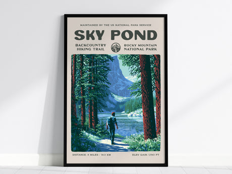 Sky Pond, Rocky Mountain National Park Poster | Hiker Gift | Backcountry Trail Wall Art — framed wall art, 24x36 in