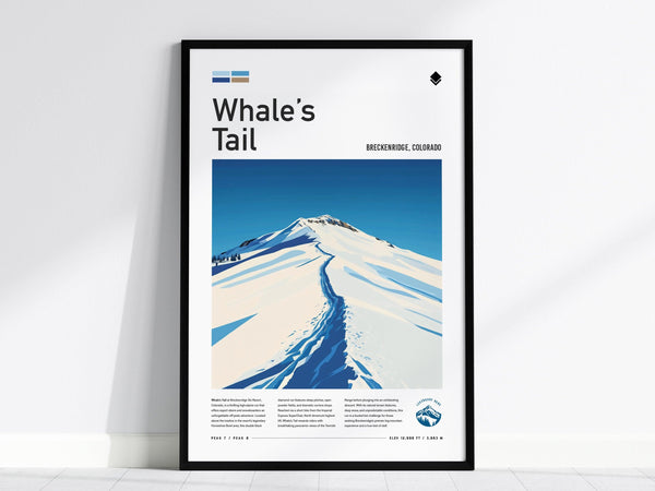 Framed poster of Whales Tail in Breckenridge, Colorado, featuring a bold minimalist design of a snowy mountain ridge under a clear blue sky. Text and artwork details are visible.