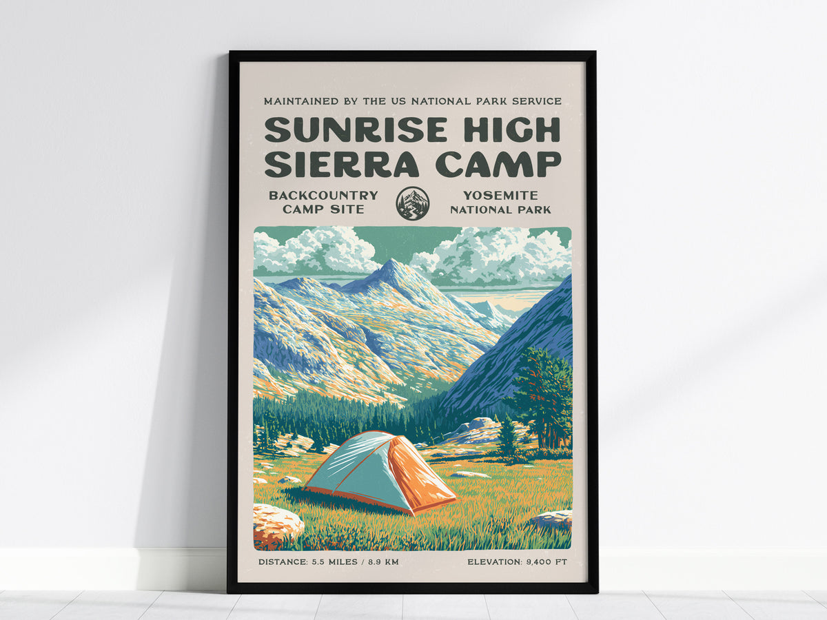 Sunrise High Sierra Camp, Yosemite National Park Poster | Backpacker Gift | Backcountry Trail Wall Art — framed wall art, 24x