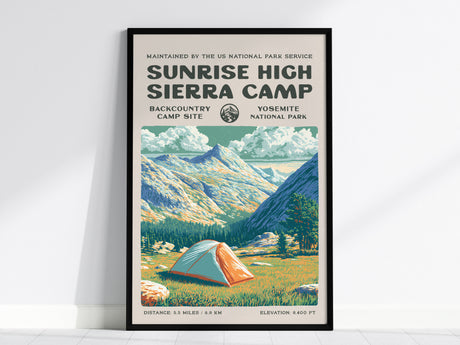 Sunrise High Sierra Camp, Yosemite National Park Poster | Backpacker Gift | Backcountry Trail Wall Art — framed wall art, 24x