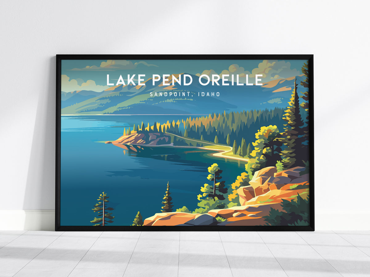 Lake Pend Oreille Landscape Poster | Sandpoint, Idaho Travel Wall Art — framed wall art, 24x36 in