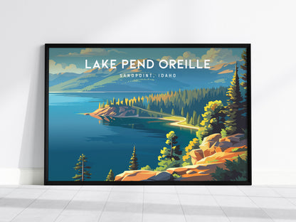 Lake Pend Oreille Landscape Poster | Sandpoint, Idaho Travel Wall Art — framed wall art, 24x36 in