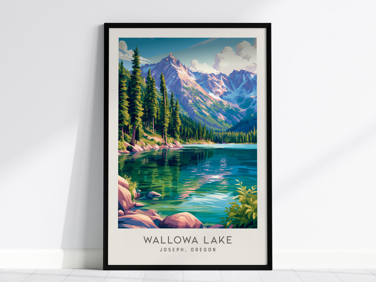 Wallowa Lake Matte Border Poster | Joseph, Oregon Travel Wall Art — framed wall art, 24x36 in