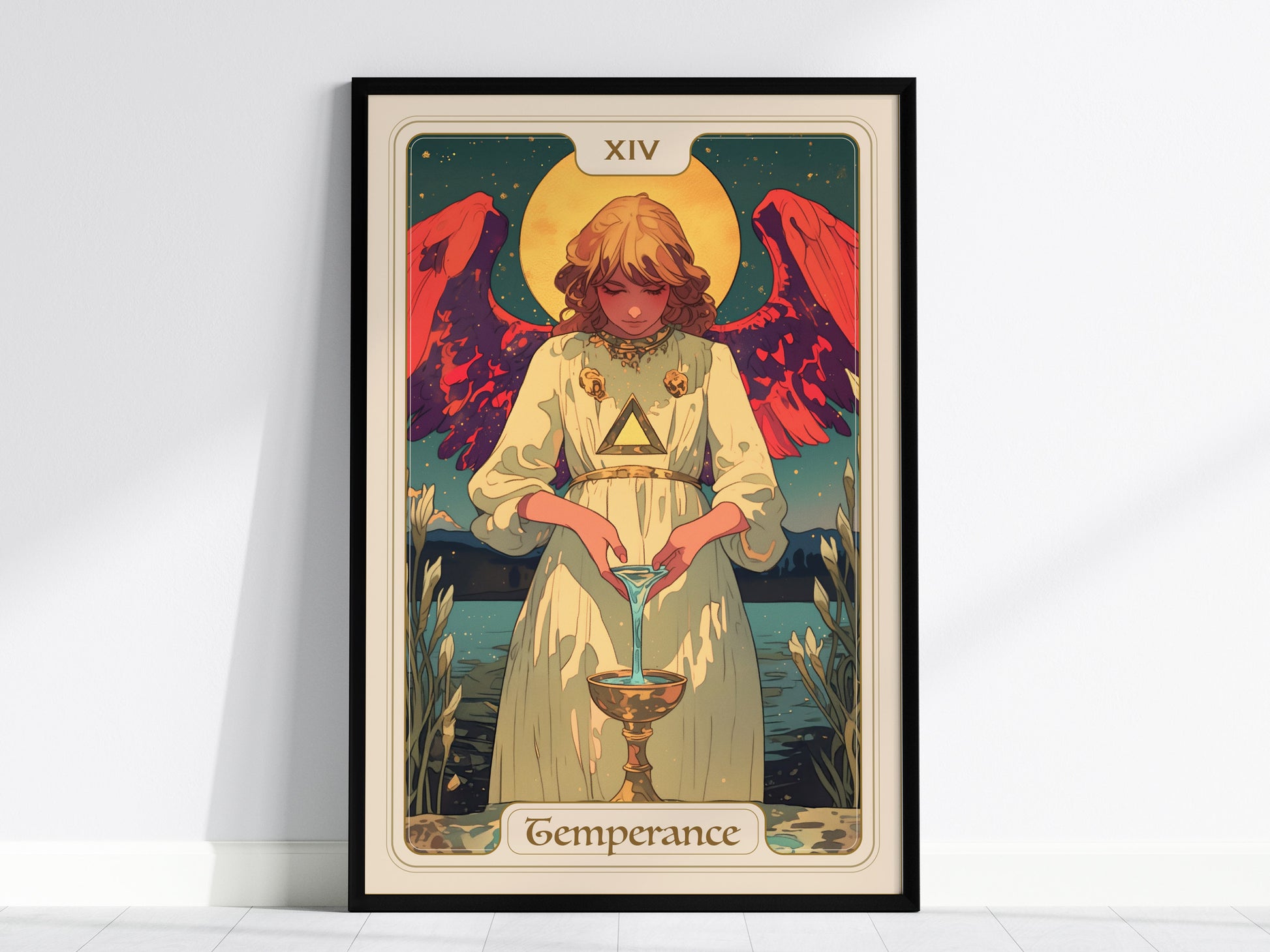 Framed Temperance tarot card poster featuring an angel with red wings, pouring liquid between cups in a serene, colorful landscape.