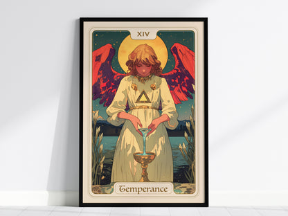 Framed Temperance tarot card poster featuring an angel with red wings, pouring liquid between cups in a serene, colorful landscape.
