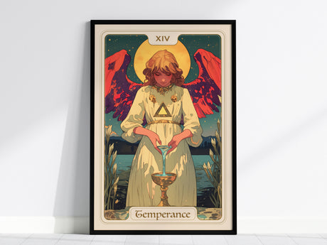 Framed Temperance tarot card poster featuring an angel with red wings, pouring liquid between cups in a serene, colorful landscape.